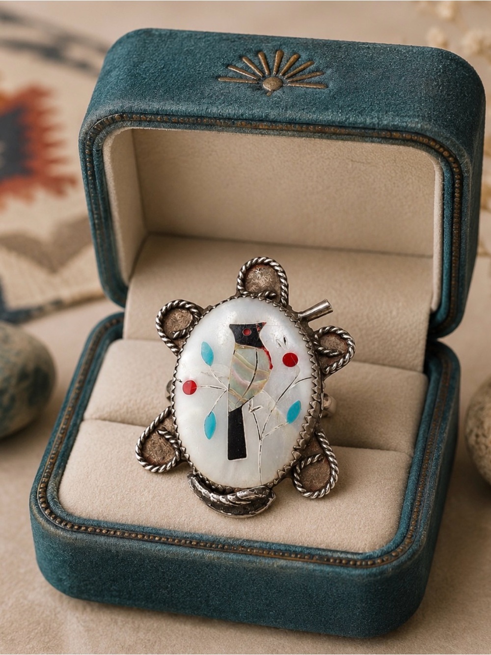 Ring Zuni Inlay Mother-of-Pearl Onyx Turquoise Coral Native American